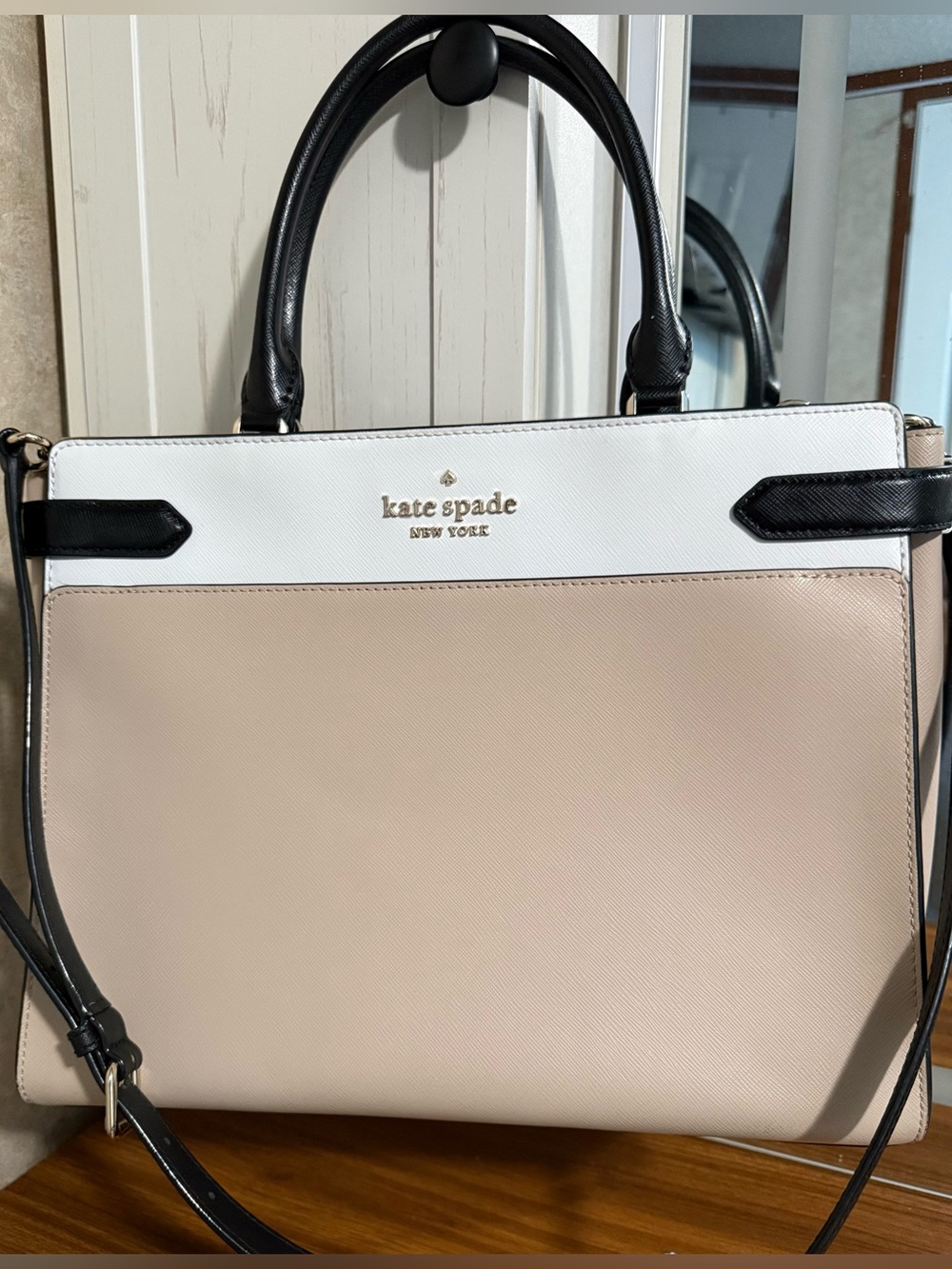 kate spade Beige, White & Black Structured Satchel